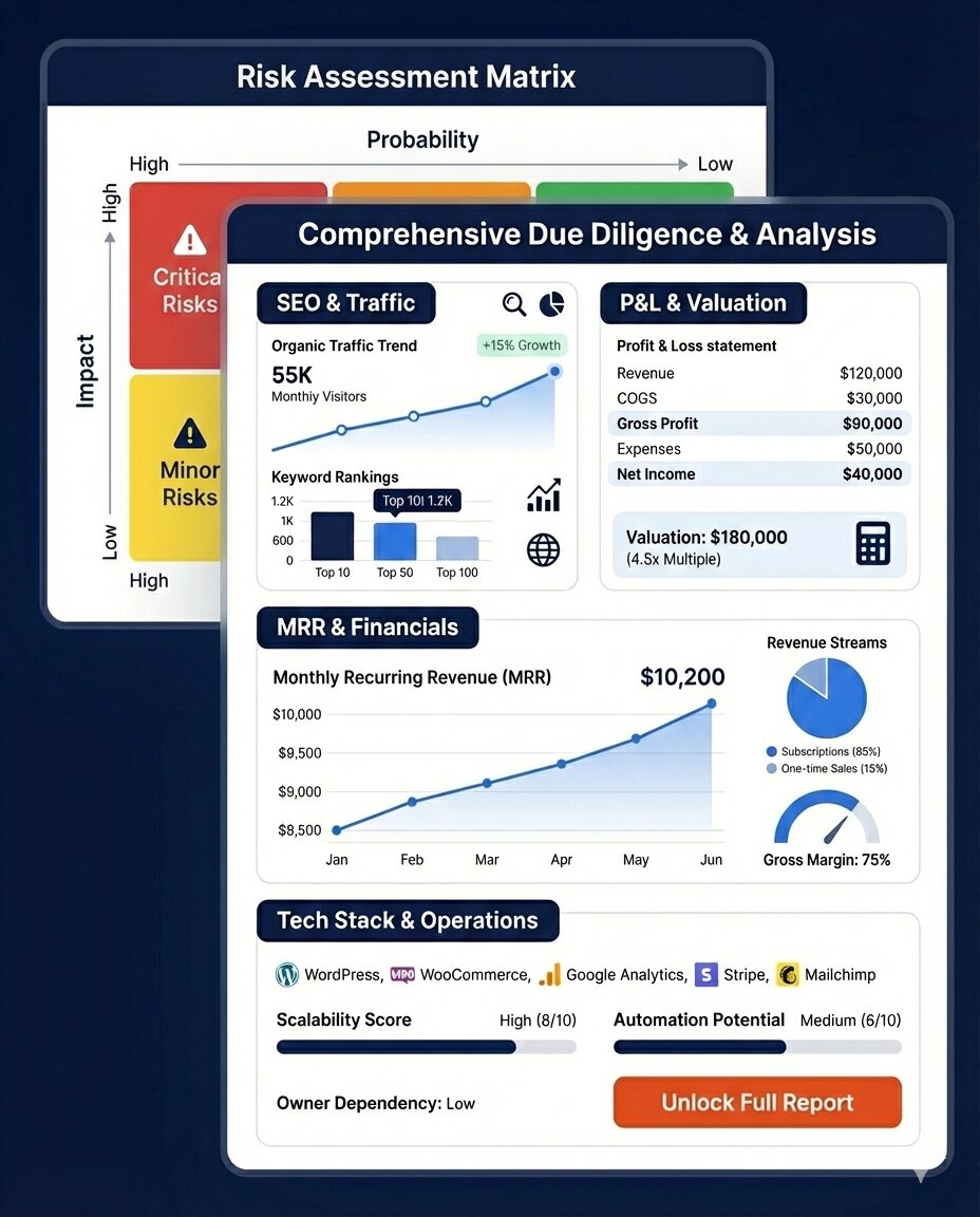 Comprehensive due diligence report showing SEO, P&L, MRR, and tech stack analysis