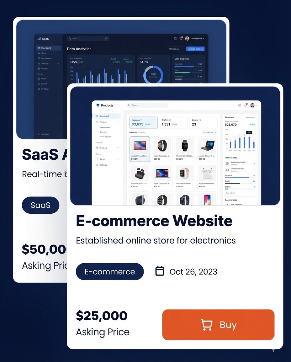 E-commerce and SaaS business listings with buy buttons