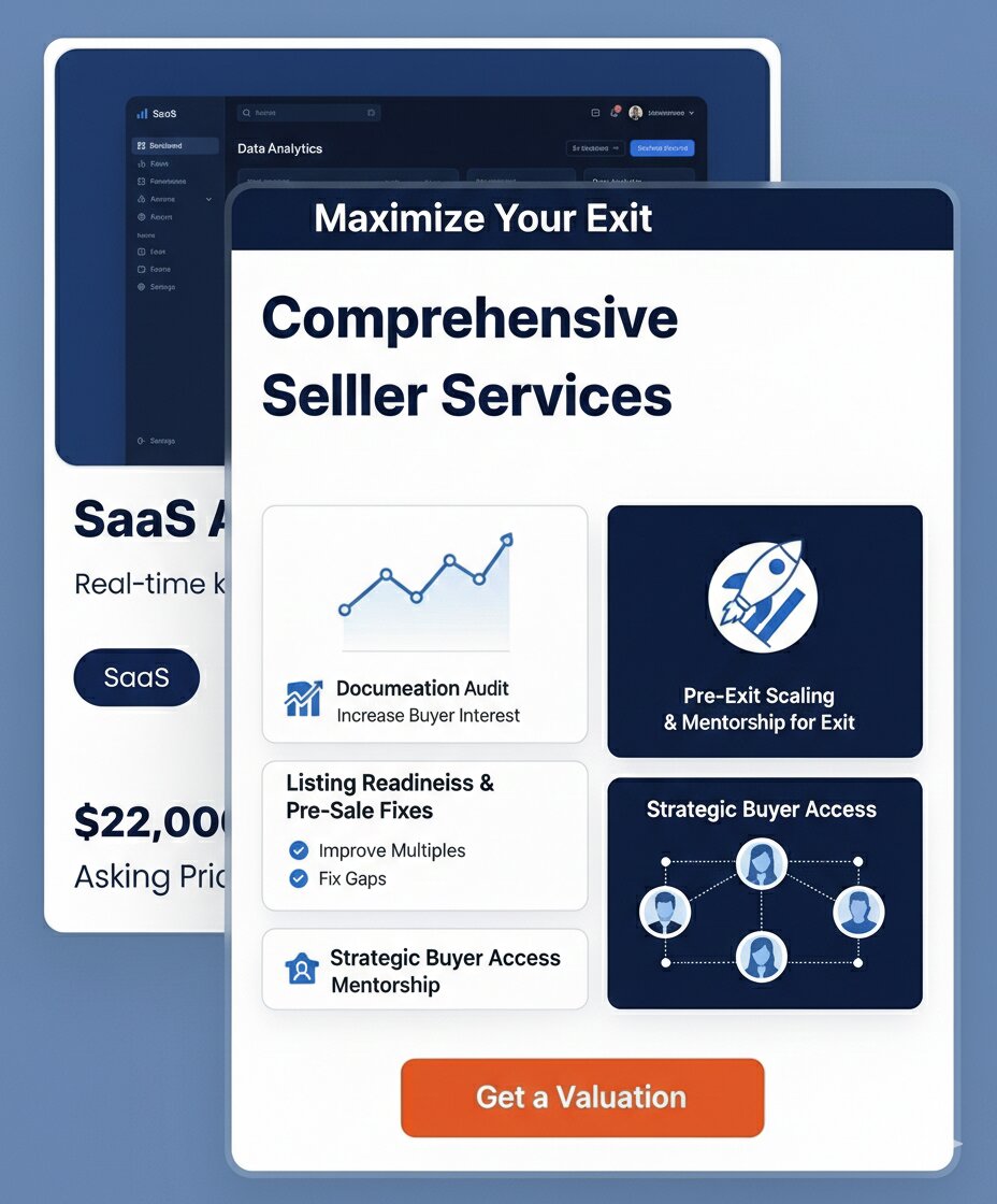 Comprehensive seller services: documentation audit, pre-exit scaling, listing readiness, strategic buyer access